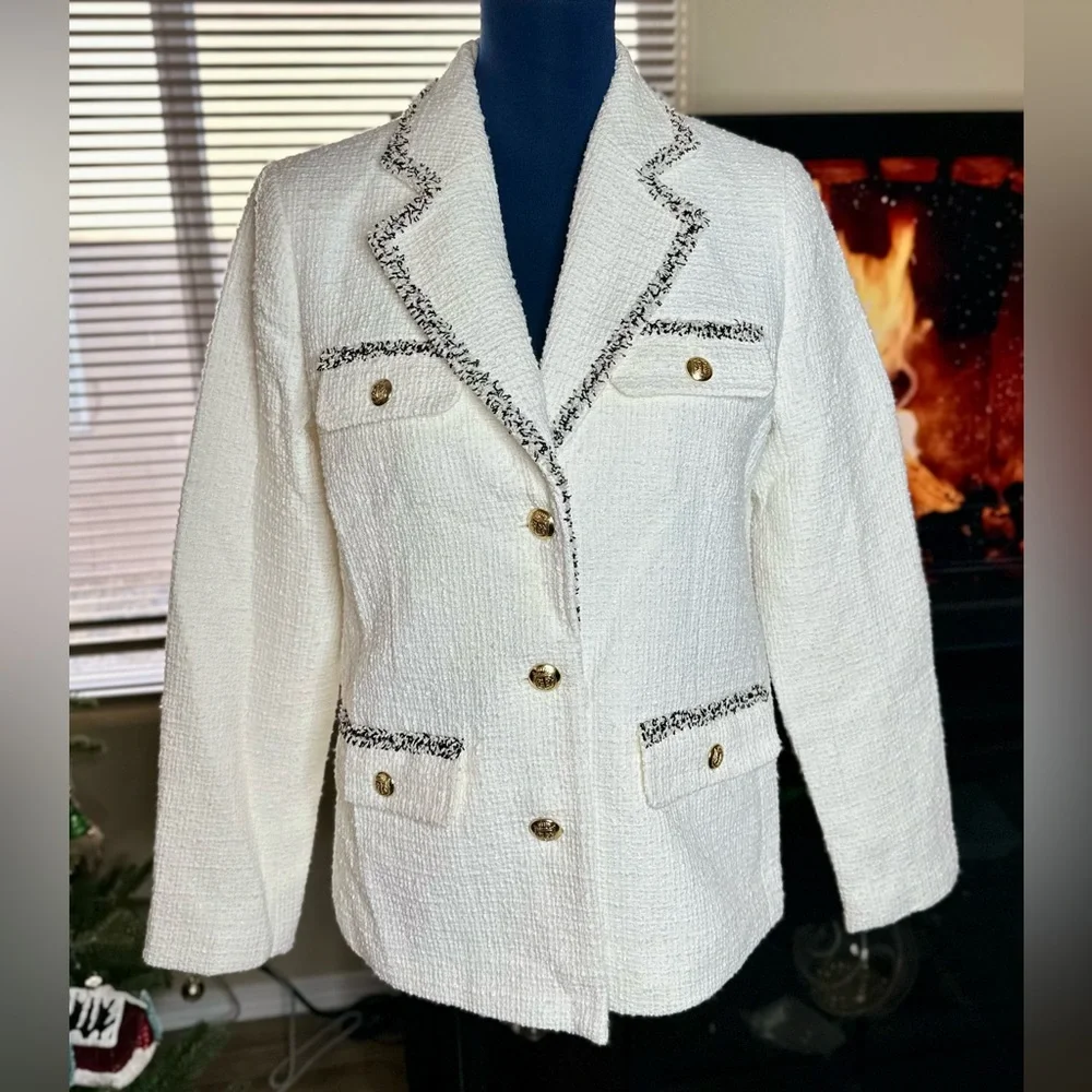 EUC Talbots Cream Tweed Blazer w/ Fringe Trim